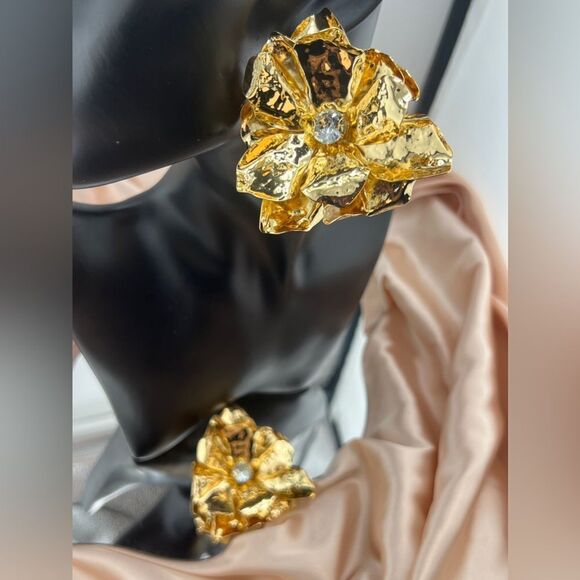 Gold Floral Statement Earrings with Crystal Center - Picture 5 of 8